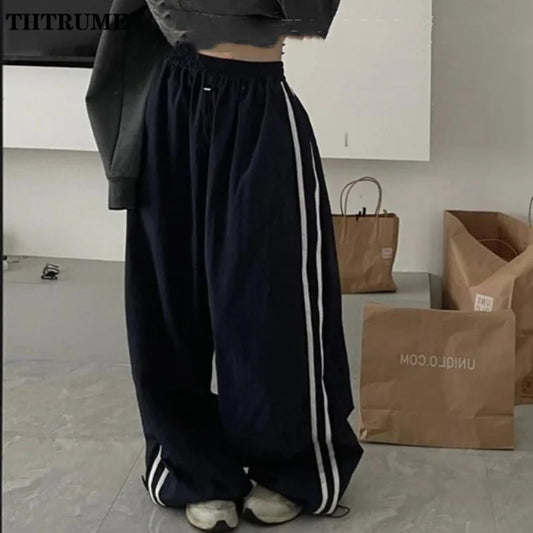 Oversized Hip Hop Baggy Pants Fashion Women Striped Pocket Elastic High Waist Cargo Pant Streetwear Sweatpant Loose New Trousers