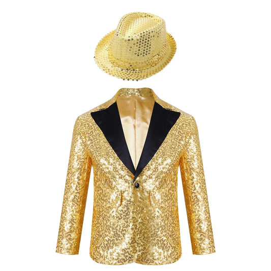 Kids Boys Stylish Sequins Suit Lapel One Button Jacket Coat Wedding Banquet Party Modern Jazz Dancing Performance Blazer Tuxedo