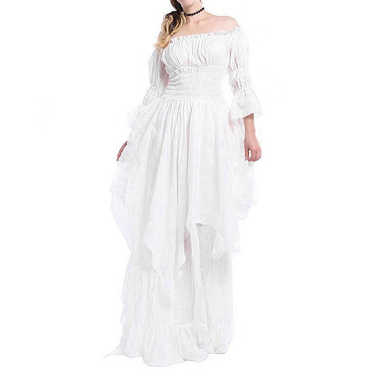 Off Shoulder Women's White Dress Slim Fit Ruffle Medieval Costume For Women High Waist Pleated Chiffon Dresses Prom Dresses 5xl