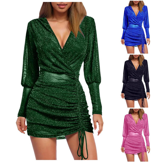 Elegant Sequins Pleated Short Dresses For Women Deep V Neck Luxury Bronzing Drawstring Evening Party Dress Club Sexy Dresses