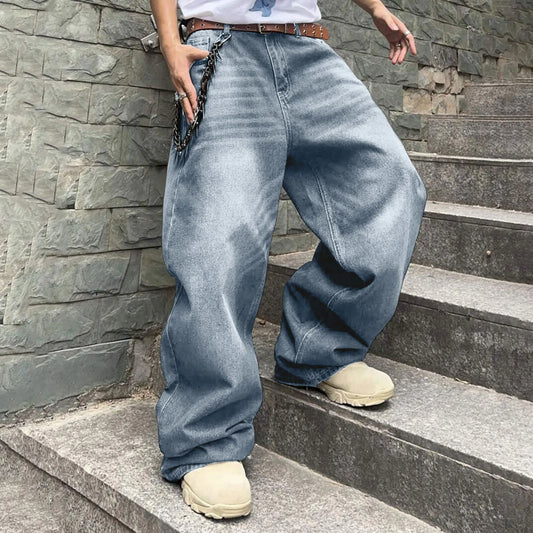 Men's Baggy Hip Hop Jeans Loose Fit Wide Leg Skater Denim Pants Casual Korean Fashion Long Trousers Streetwear Dark Blue Black