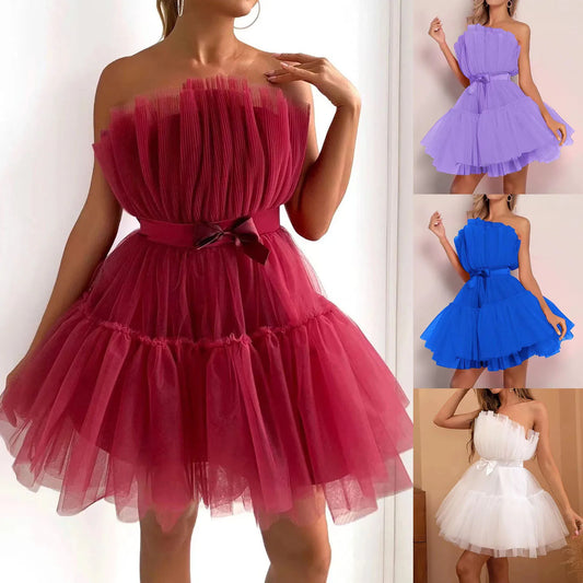 Strapless Mesh Splicing White Dress Temperament Bowknot Tutu Dresses For Women Elegant High Waist Dress Dancewear Party Costume