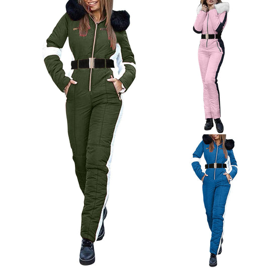 Women's Winter Outdoor Sports Jumpsuit Outdoor Waterproof Sports Zipper Ski Snow Suit Down Coat Contrast Color Fleece Parkas