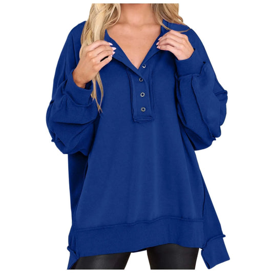 Women's Solid Color Crew Neck Buttoned Loose Sweatshirt Casual Fall/Winter Hoodedless Pullover Top Irregular Hem Chic Outwears