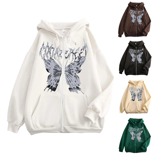 Womens Casual Gothic Zip Up Hoodie Butterfly Printed Hooded Solid Color Oversized Pullovers Long Sleeve Loose Fit Pockets Outfit