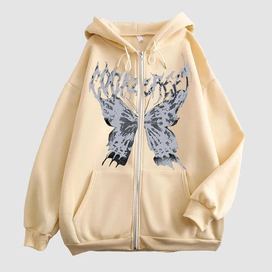 Womens Casual Gothic Zip Up Hoodie Butterfly Printed Hooded Solid Color Oversized Pullovers Long Sleeve Loose Fit Pockets Outfit