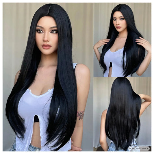 LOUIS FERRE Black Pink Ombre Synthetic Wigs for Cosplay Long Straight Layered Wigs with Bangs for Women Heat Resistant Fake Hair