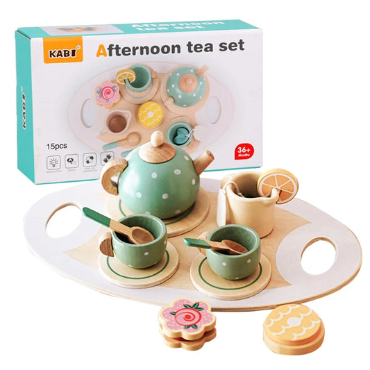 Wooden Afternoon Tea Set Toy Pretend Play Food Learning Role Play Game Early Educational Toys for Toddlers Girls Boys Kids Gifts