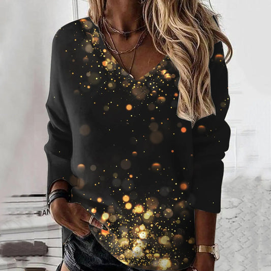 Women Fashion Printed Long Sleeve Tops Sexy V Neck Tunic Oversized T Shirt Glitter Female Spring Basic Blouse Casual Ladies Top