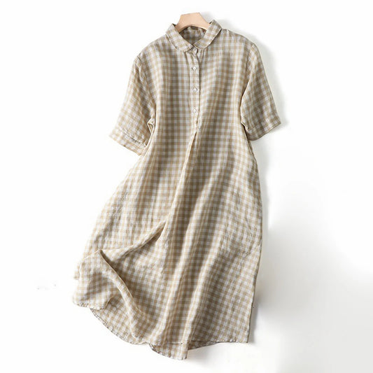 Retro Cotton Linen Shirt Long Dresses Ladies Short Sleeve Oversized Shirt Dress Korean Fashion Loose Lapel Sundress Y2k Clothing