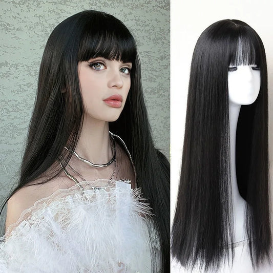 Synthetic fiber wig female long black hair woven full head set fashion long straight hair with bangs high temperature silk