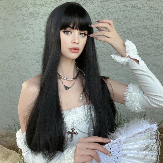 Synthetic fiber wig female long black hair woven full head set fashion long straight hair with bangs high temperature silk