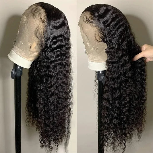 180% Deep Wave Frontal Wig 13x6 HD Lace Frontal Wigs For Women Water Wave Curly Lace Front Human Hair Wig 13x4 High Density 1B