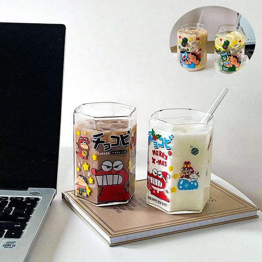 Cartoon Crayon Shin-Chan Crocodile Glass Hexagonal Cup Cola Cup Heat-Resistant Glass Milk Juice Cup Girls Creative Gifts Periphe