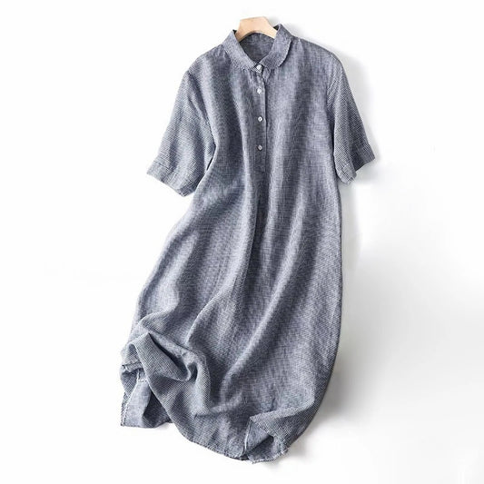 Retro Cotton Linen Shirt Long Dresses Ladies Short Sleeve Oversized Shirt Dress Korean Fashion Loose Lapel Sundress Y2k Clothing