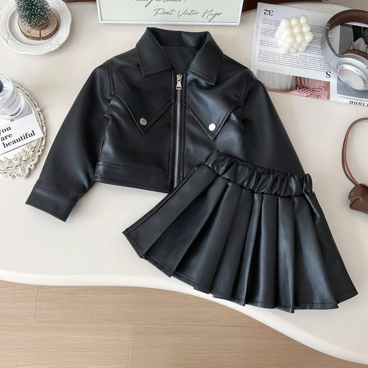 2024 Girls Baby Spring Autumn Winter PU Clothing Set Fashion Kids Leather Zipper Jackets+skirts Children 2pcs Birthday Clothes