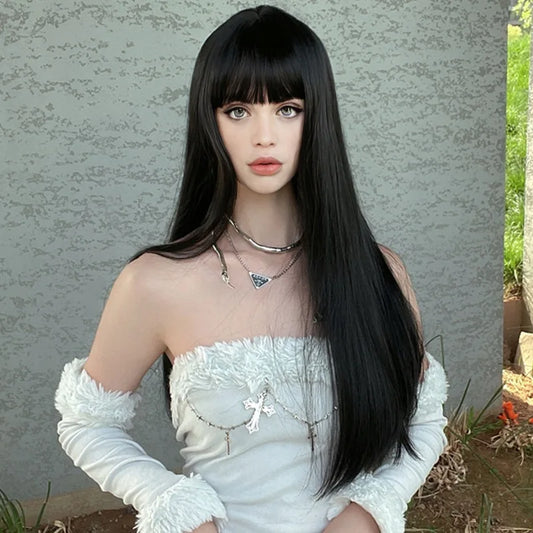 Synthetic fiber wig female long black hair woven full head set fashion long straight hair with bangs high temperature silk