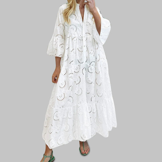 Women'S Casual Long Dress Solid French V-Neck Flared Sleeve Maxi Dresses Lace Hollow Out Cotton Sexy Long Vestidos Summer платье