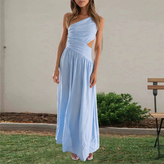 Women Sleeveless Casual Dress Solid Color Slanted Collar Side Slit Chic Dresses Off Shoulder Women Casual Long Dresses Robe