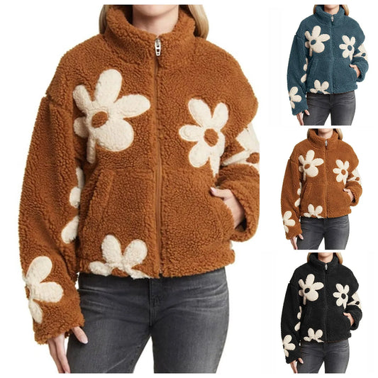 Womens Casual Floral Fleece Jackets Winter Zipper Cropped Plush Coat Female Long Sleeve Lamb Wool Outwears With Pocket Chaquetas