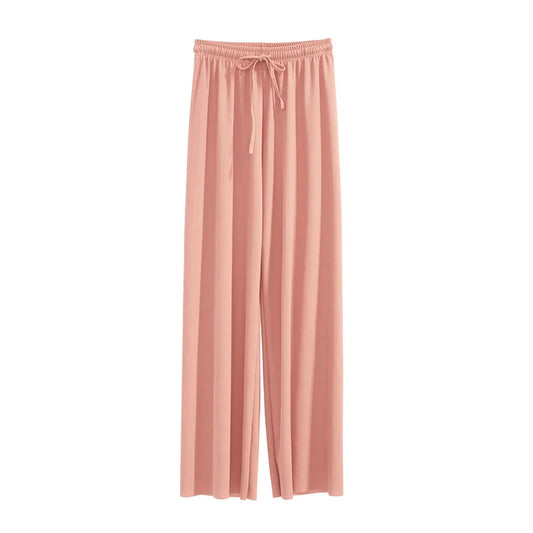 Women Ankle-Length Wide Leg Pants Casual Summer Solid Elastic Waist Loose Ice Silk Pants Spring Summer Female Trousers