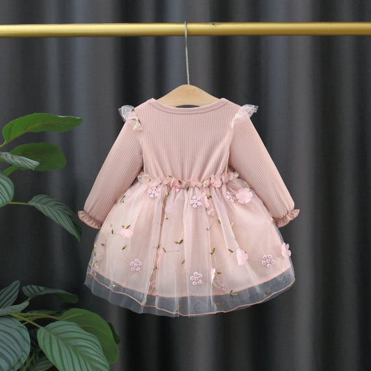 Winter New Girls' Dress Long Sleeve Puffed Sleeve Crew Neck Top Knitted Shirt Gauze Dress Flower Sweet Princess Dress