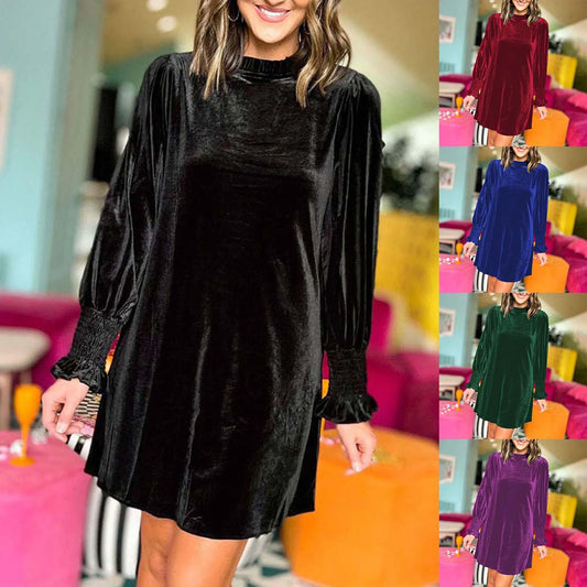 Women's Loose Velvet Long Sleeve Dresses Casual Simple Solid Color Knee Length Short Dresses Womens New Year T Shirts Dress