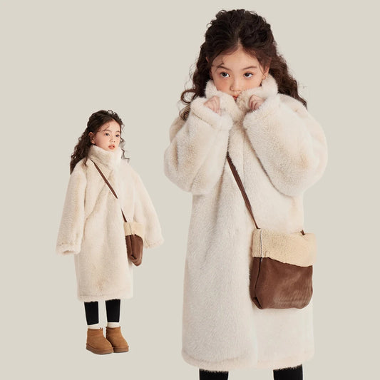 Children Winter Outerwear Luxurious Faux Fur Mink-Style Coat Girls Off White Thick and Warm Hood and Pockets Coats