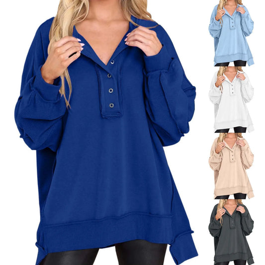 Women's Solid Color Crew Neck Buttoned Loose Sweatshirt Casual Fall/Winter Hoodedless Pullover Top Irregular Hem Chic Outwears