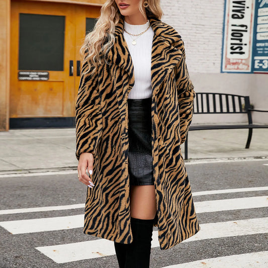 High Street Style Faux Fur Coats Autumn And Winter Leopard Print Fleece Jacket Turn-Down Collar Long Sleeve  Mid-Long Outerwear