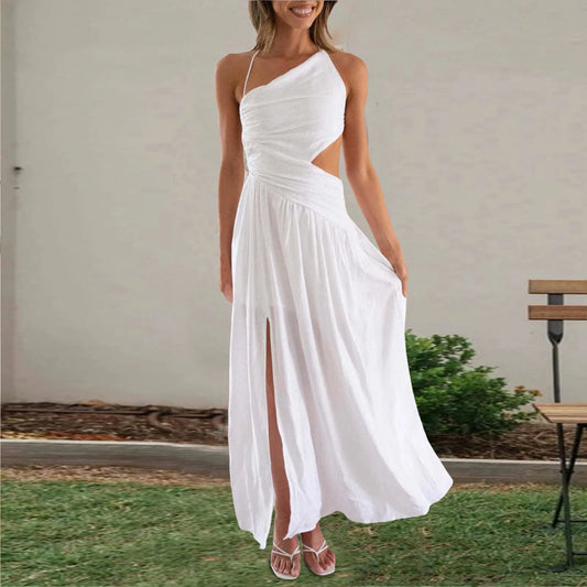 Women Sleeveless Casual Dress Solid Color Slanted Collar Side Slit Chic Dresses Off Shoulder Women Casual Long Dresses Robe