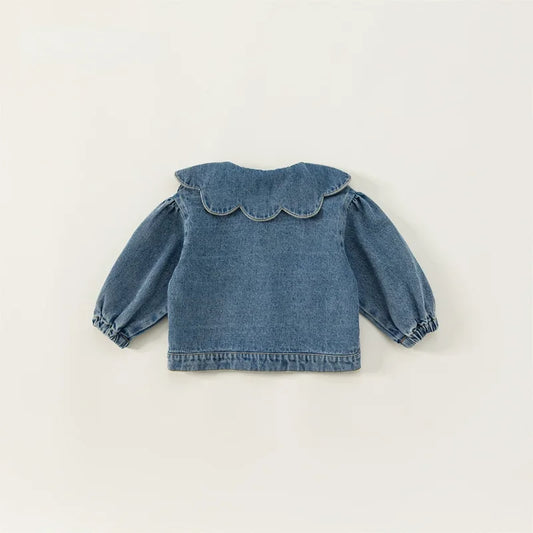 Korean Style Spring Autumn Kids Girl Denim Coat Ruffle Collar Long Sleeve Outerwear Children Fashion Versatile Clothes E82075