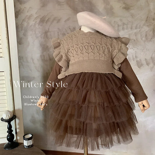 Girls Dress Suit Autumn and Winter New Knitted Vest Vest and Velvet Long Sleeve Mesh Dress Baby Style Suit