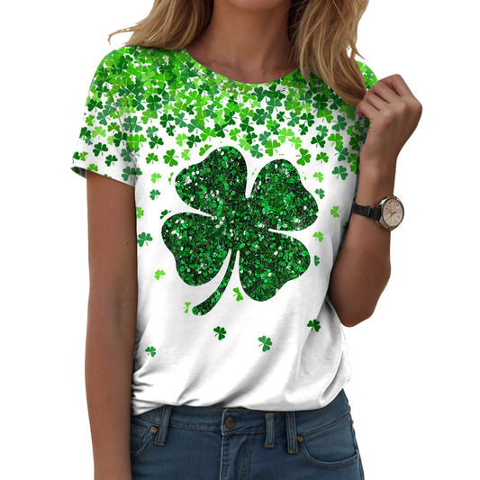 Womens Casual Tops Womens Short Sleeve Round Neck Tee T Shirt Lucky Four Leaf Clover Print T-Shirt St Patrick'S Day Outfits