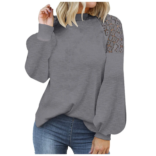 Autumn Women's Blouse O-Neck Long Sleeve Tops Lace Stitching Hollow Out Sheer Mesh Loose Fit Sweatershirt Chic Women Camisetas