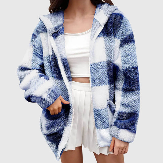 Winter Plaid Loose Casual Down Jacket For Women Long Sleeve Hooded Fleece Jacket With Pockets Plus Size Womens Warm Outerwears