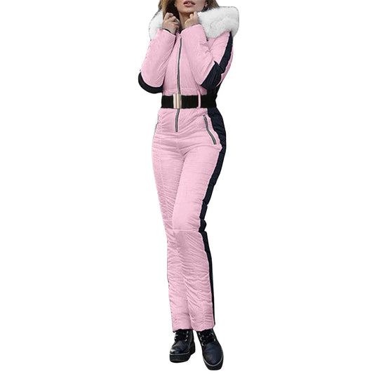 Women's Winter Outdoor Sports Jumpsuit Outdoor Waterproof Sports Zipper Ski Snow Suit Down Coat Contrast Color Fleece Parkas