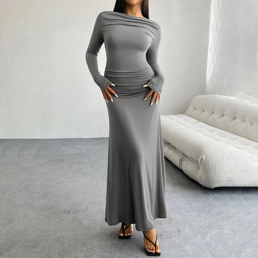 Women's Autumn And Winter Solid Color One Shoulder Package Hip Dress Long Sleeve Slim Dresses elegant pleated long vestidos