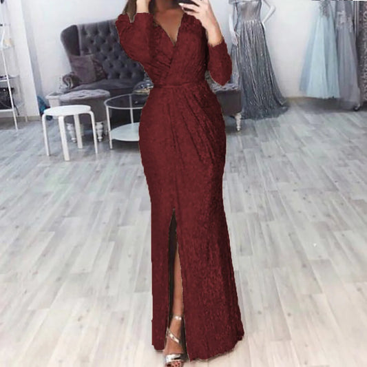 Women's Sexy Sequins Formal Dresses Long Sleeve V Neck Nightclub Bodycon Dresses With Slit Plus Size Sequins Bridesmaid Dress