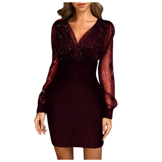 Sexy Sequins Evening Party Dress Women's Elegant Sheer Mesh Skiny Bodycon Dresses Slim Fit V Neck Wedding Guest Dresses Female