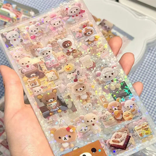 5pcs Lovely Hello Kitty Rilakkuma Cartoon Die-cutting Sticker Cute Cat Flashing Laser Stickers Anime Handbooks Material Stickers