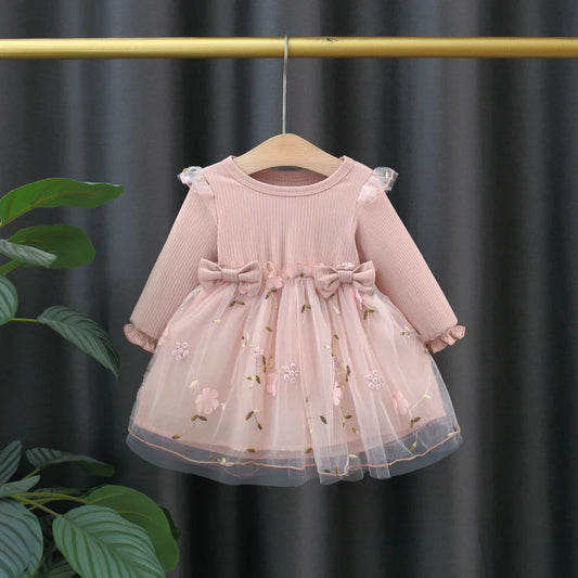 Winter New Girls' Dress Long Sleeve Puffed Sleeve Crew Neck Top Knitted Shirt Gauze Dress Flower Sweet Princess Dress