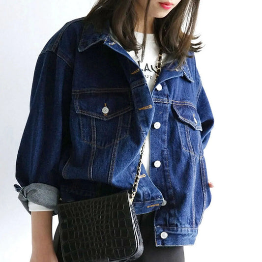 Women Denim Jacket Spring Autumn Coat Vintage Jean Jackets Casual Loose Fit Solid Color Button Tops Lady Temperaments Outerwear